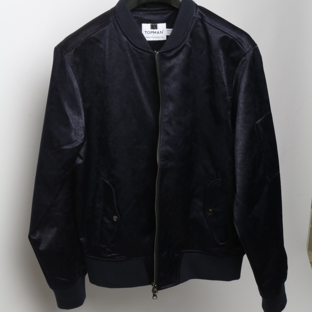 Mens Top Man Blue Velvety Bomber Jacket Size M